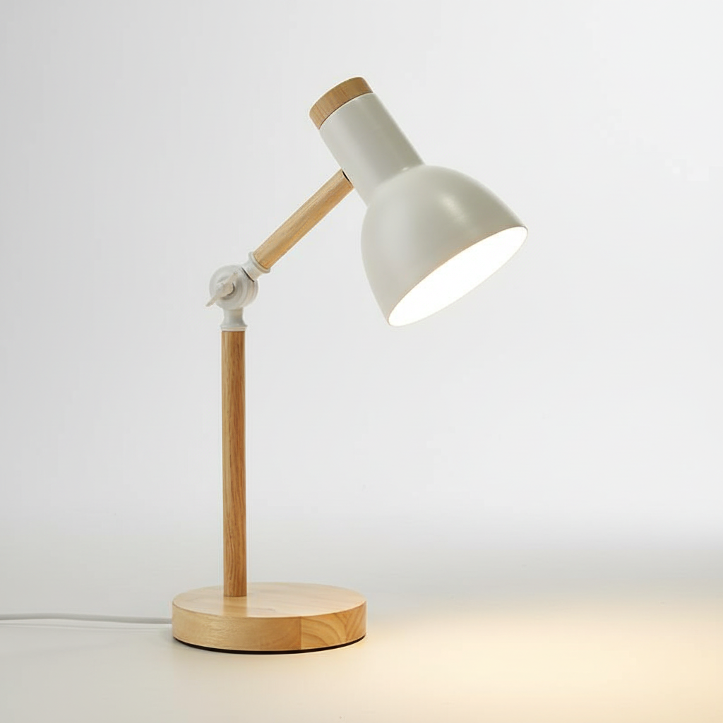 Adjustable Scandinavian desk lamp, modern wood & metal design, ideal for reading or ambient light.
