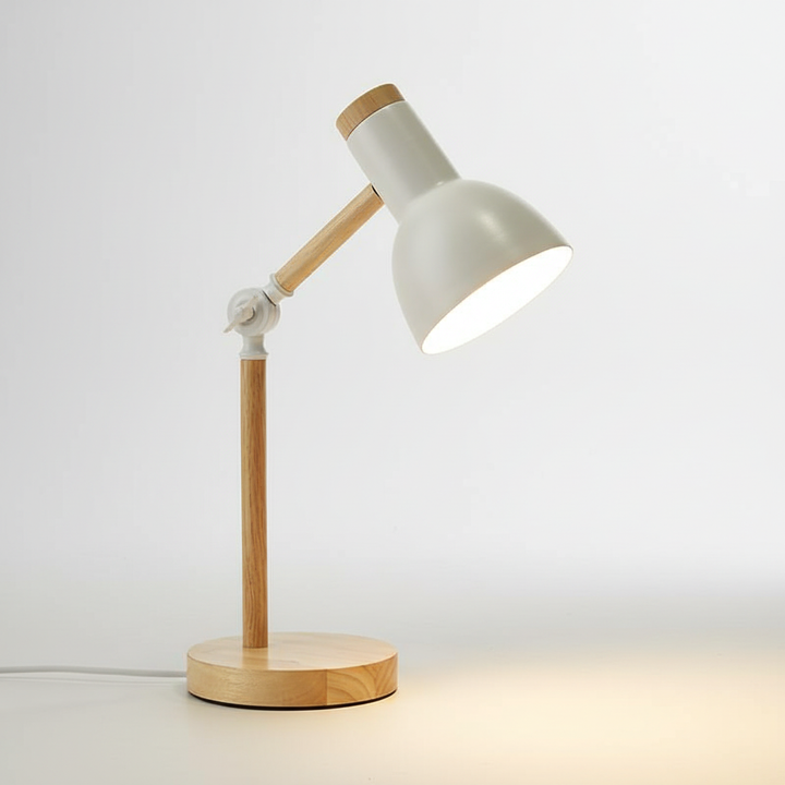 Adjustable Scandinavian desk lamp, modern wood & metal design, ideal for reading or ambient light.
