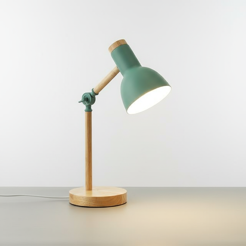 Chic Scandinavian wood & metal table lamp, minimalist & modern, enhances home decor.