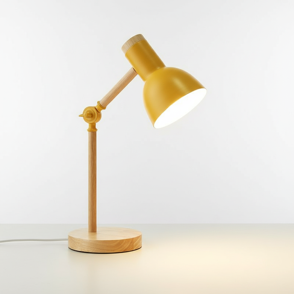 Modern Scandinavian wood & metal desk lamp, adjustable for precise lighting in your study or office.