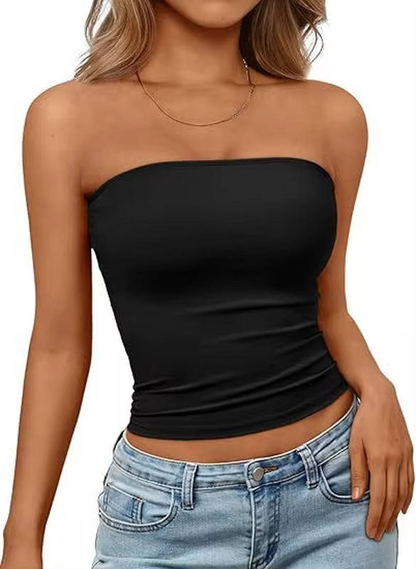 Seamless stretch bandeau crop top for women. Comfortable strapless summer essential.