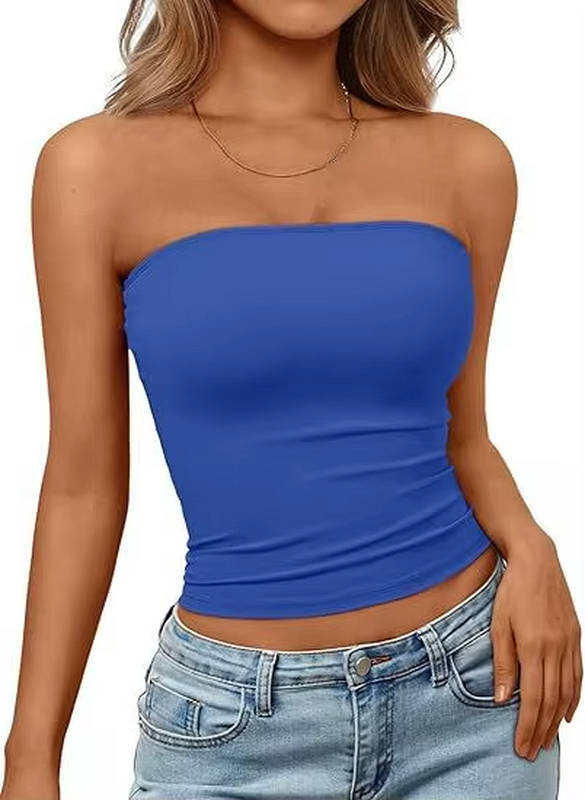 Casual pink seamless bandeau crop top. Women's comfortable stretch summer wear.