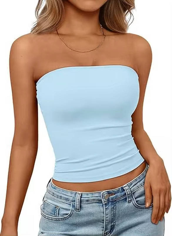 Chic seamless stretch bandeau crop top. Women's strapless design for summer comfort.
