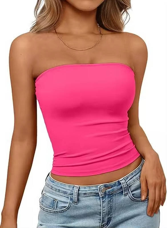 Seamless women's bandeau crop top. Stretch strapless design, perfect for summer fashion.