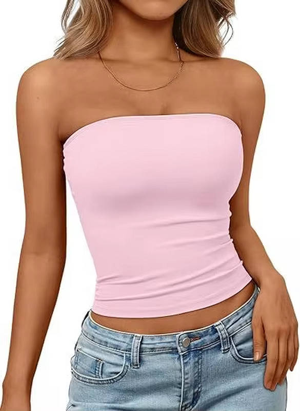 Versatile white seamless bandeau crop top. Ideal strapless layering piece for women.
