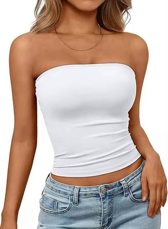 Women's seamless strapless bandeau. Chic stretch crop top for casual summer fashion.