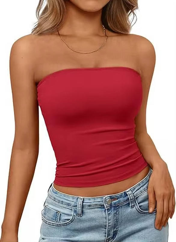 Blue seamless bandeau crop top. Women's comfortable strapless stretch summer essential.