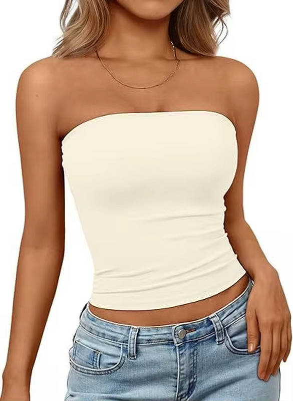 Women's stretch bandeau crop top. Seamless design for comfortable strapless summer wear.