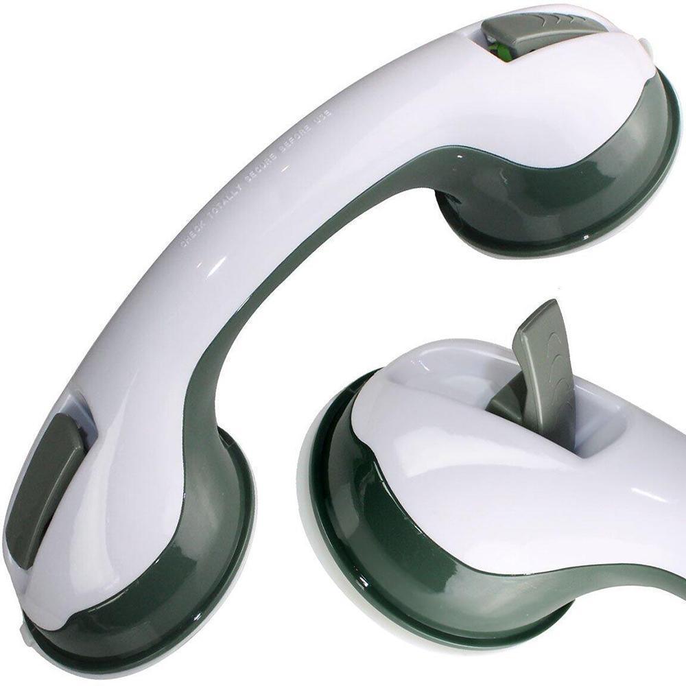 Elderly person confidently using SecureGrip non-slip shower handrail for bathroom safety & independence.
