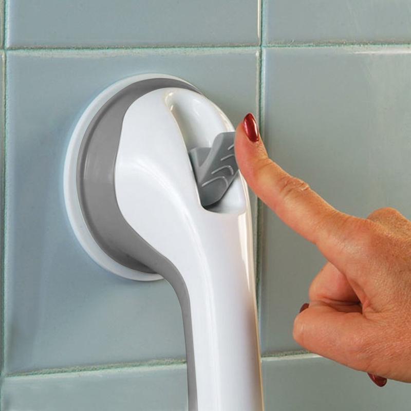 Close-up of SecureGrip non-slip handrail, highlighting powerful suction cups for secure bath & shower safety.