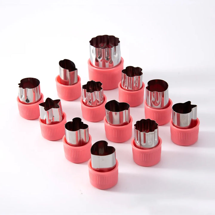 Twelve piece set of mini food cutters, perfect for engaging kids in healthy eating habits