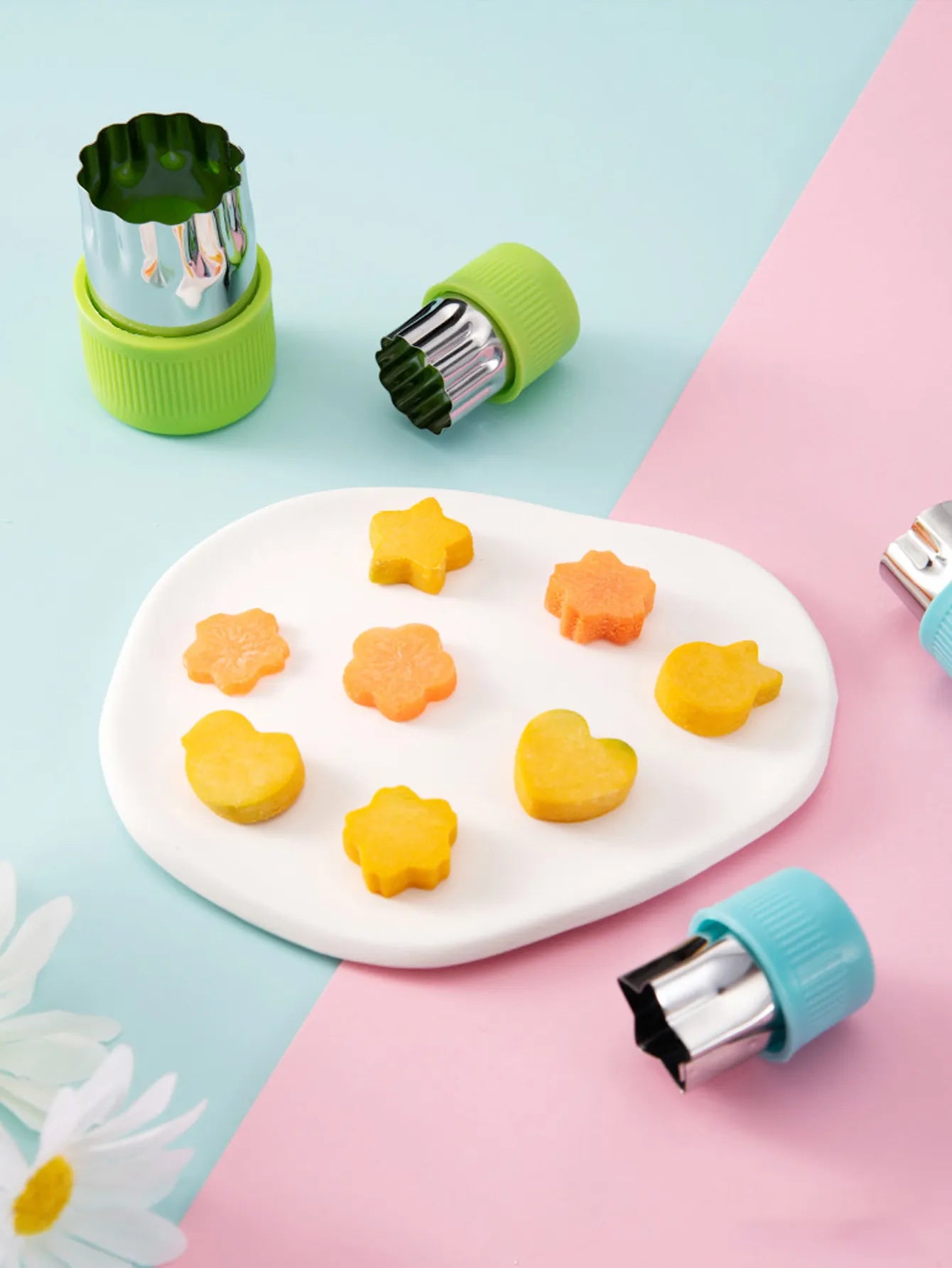 Colorful mini food cutters for kids' meals, making mealtime fun and engaging