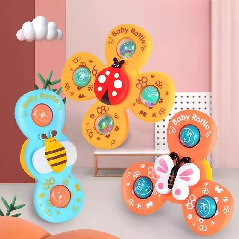 Set of 3 colorful Baby Sensory Suction Spinner Toys for infant fine motor skills development