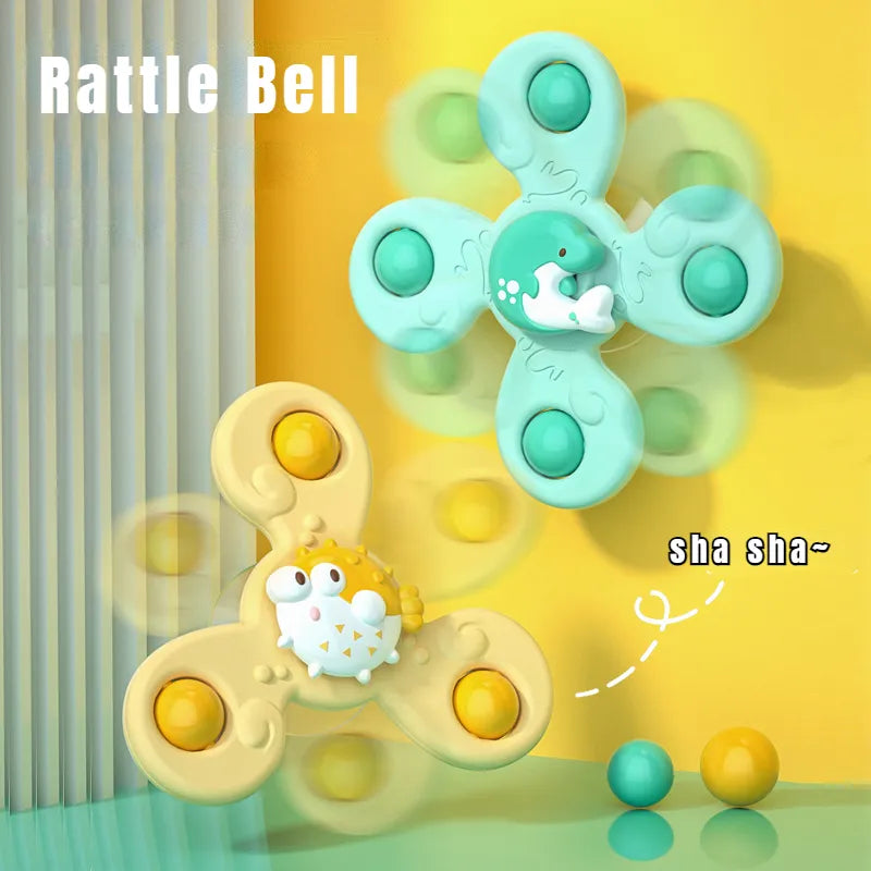 Set of 3 colorful baby suction cup spinner bath toys, perfect for sensory play and water fun