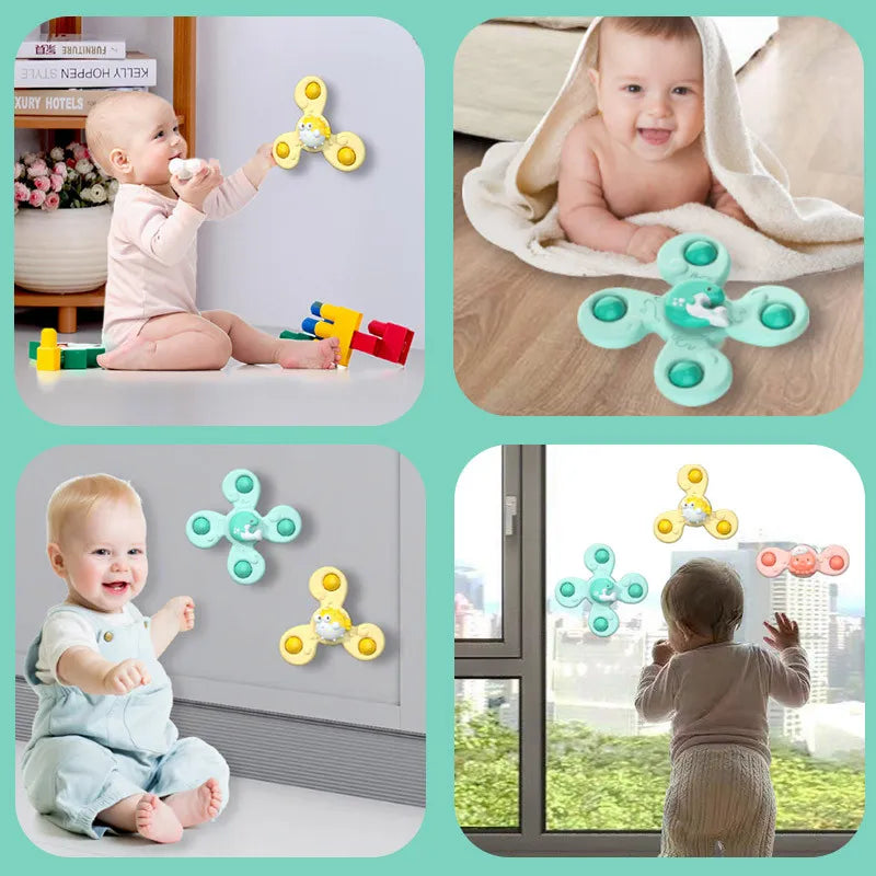 Close-up of a baby's hand spinning a vibrant, safe suction cup bath toy in the water