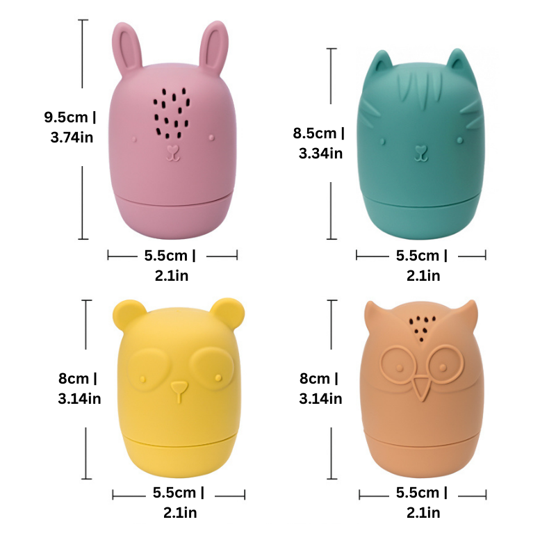 Close-up of duck, frog, bear, & elephant mold-free silicone bath toys, perfect squirters for baby developmental play