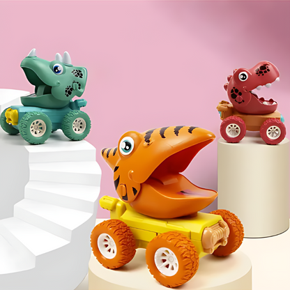 Set of colorful dinosaur push-and-go toy cars for toddlers, promoting motor skills and creative play