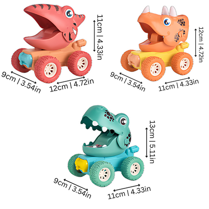 Close-up of a green T-Rex push-and-go toy car, perfect for dinosaur-themed imaginative play