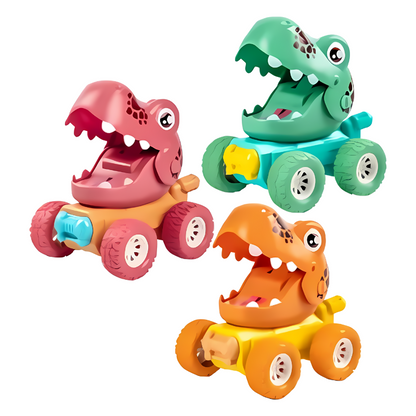 Toddler playing with a red Triceratops push toy car, enhancing motor skills and coordination