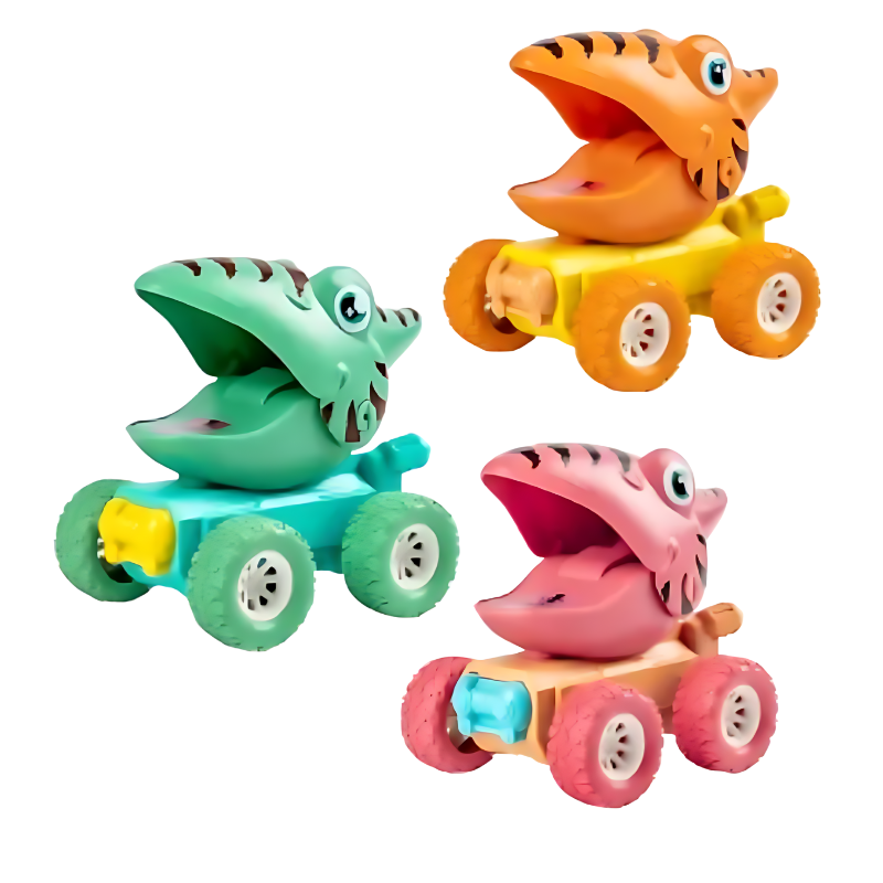 Collection of various dinosaur push-and-go vehicles, ideal for preschool kids' educational play
