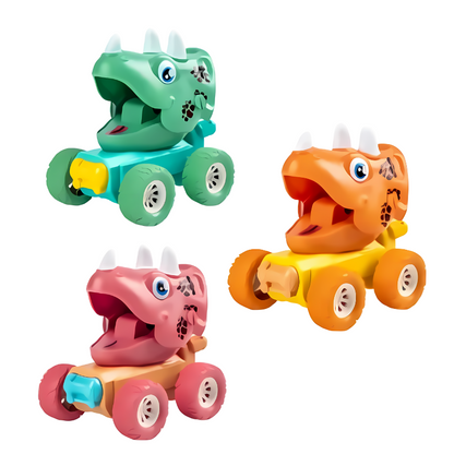 Child's hand pushing a blue Stegosaurus toy car across a wooden floor, fun kids' dinosaur present