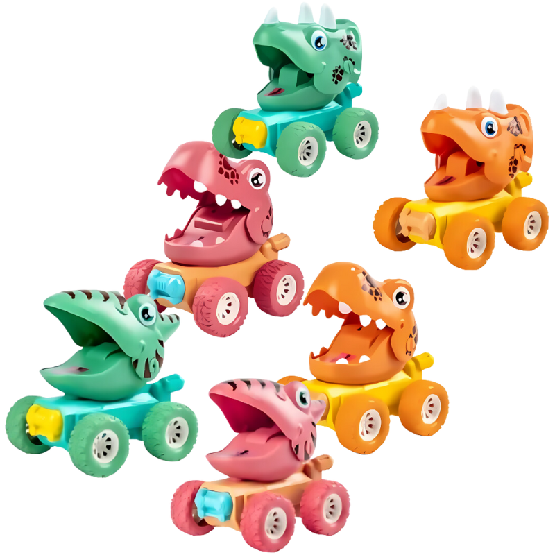 Durable plastic push-and-go dinosaur toys, great for developing gross motor skills in young children