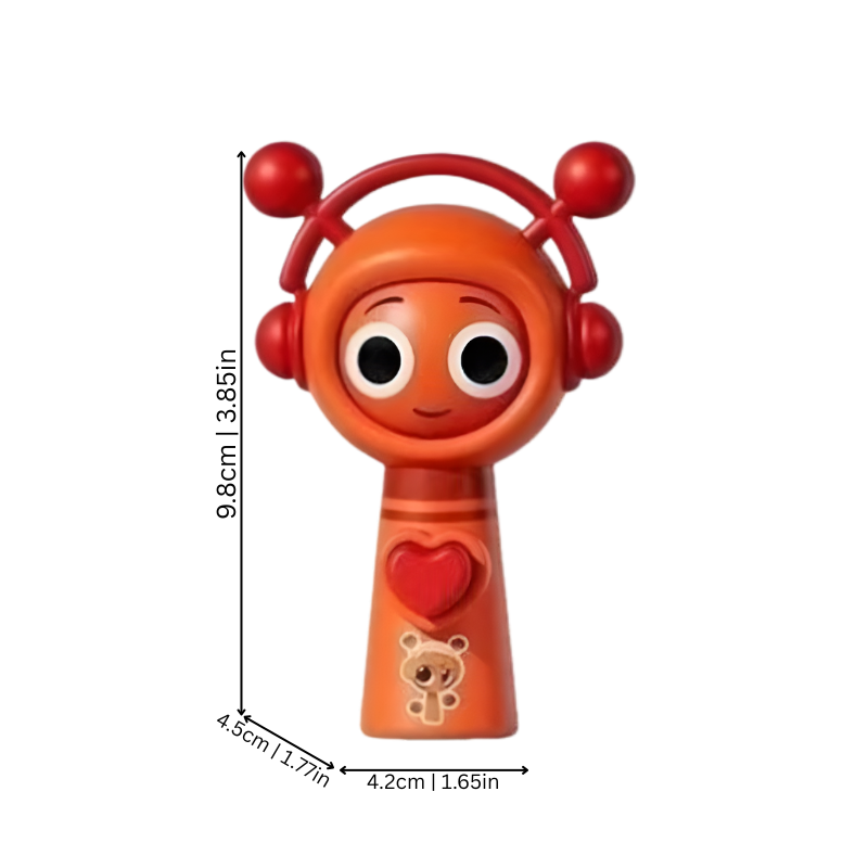 Close-up of a child's hand holding a face-changing fidget toy keychain, promoting imagination