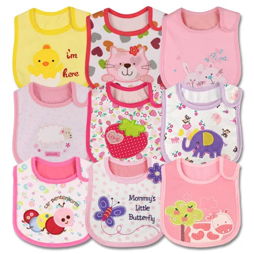 Colorful set of baby feeding bibs with snap closures, adjustable and waterproof for growing babies