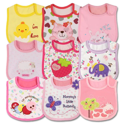 Colorful set of baby feeding bibs with snap closures, adjustable and waterproof for growing babies