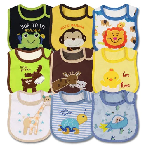 Overview of a nine-piece set of unisex baby feeding bibs, waterproof bandana style for daily use