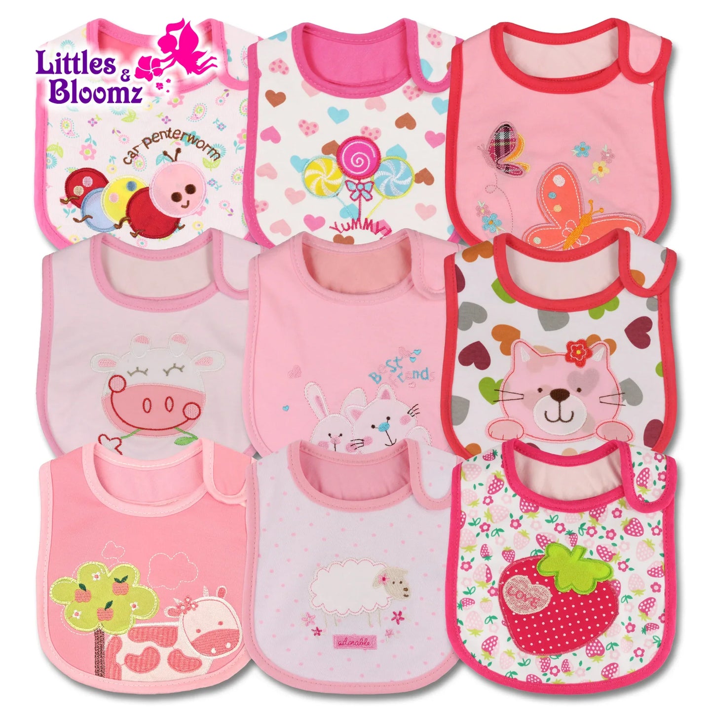 Nine-pack unisex baby feeding bibs with cartoon animal prints, waterproof for drooling and mealtime
