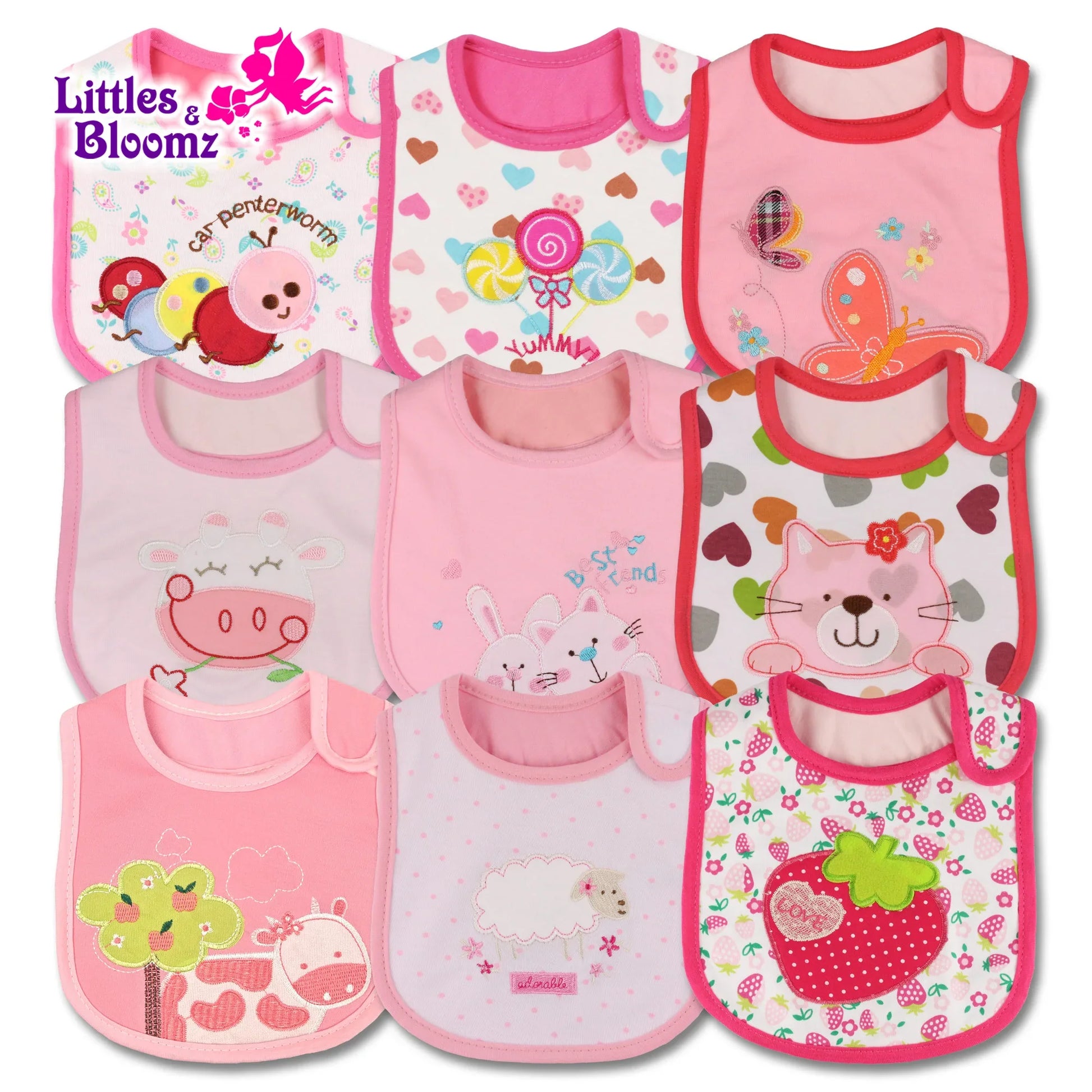Nine-pack unisex baby feeding bibs with cartoon animal prints, waterproof for drooling and mealtime