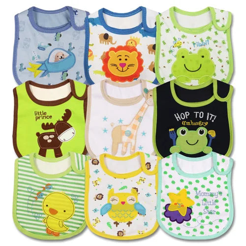 Stack of folded baby burp cloths and bandana bibs in various colors, essential baby accessories