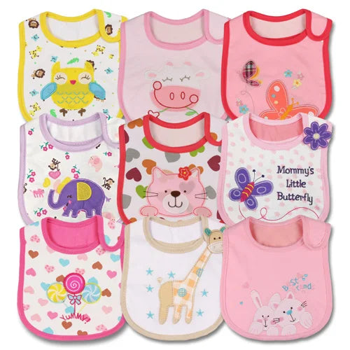 Cartoon themed baby bibs, a set of nine absorbent and waterproof bandana bibs for feeding