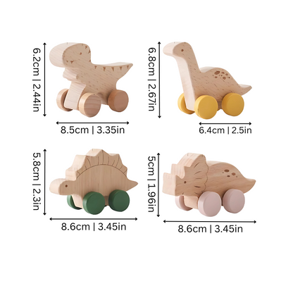 Eco-friendly wooden dinosaur car toy set, ideal for toddlers and preschool learning.