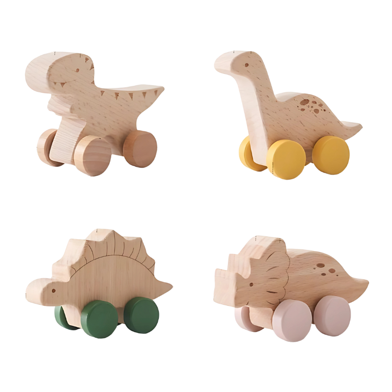 Colorful wooden dinosaur roller cars, a fun vehicle toy set for kids' imaginative play.
