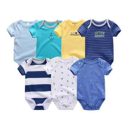Collection of seven baby bodysuits, 100% cotton, multi-colored for infant comfort.
