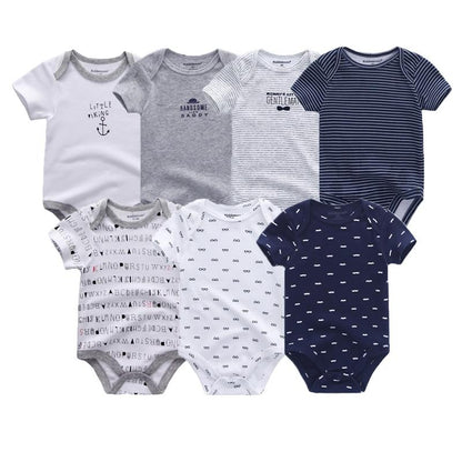 Soft cotton baby rompers for infants, unisex design in a convenient 7-piece set.