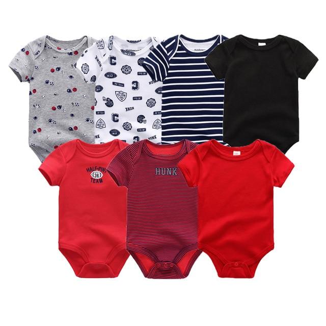 Unisex infant jumpsuits in soft cotton, 7-pack featuring various neutral baby colors.
