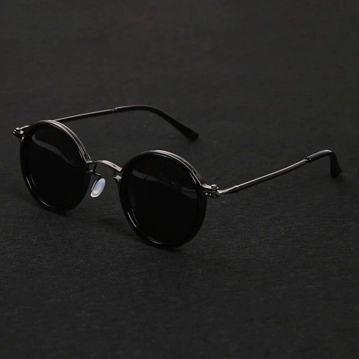Fashionable men's polarized sunglasses with a double bridge metal frame, ideal for outdoor activities & UV protection.