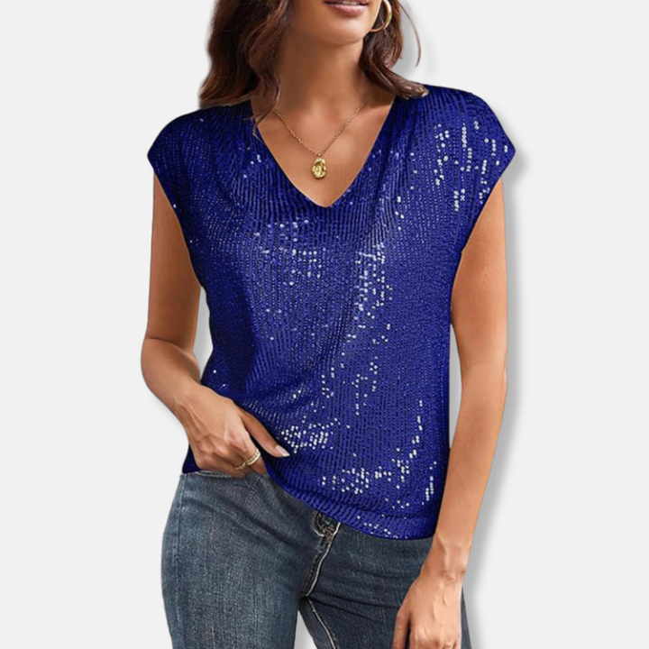 Shimmering sequin V-neck women's party top. Elegant evening wear with relaxed fit for festive celebrations.