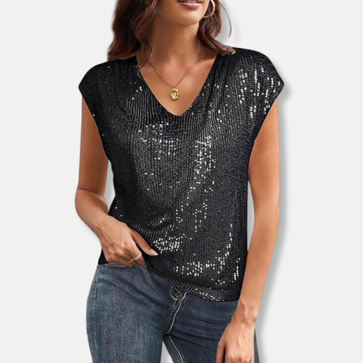 Women's elegant V-neck sequin top, shimmering for parties & evening wear. A versatile and festive fashion statement.