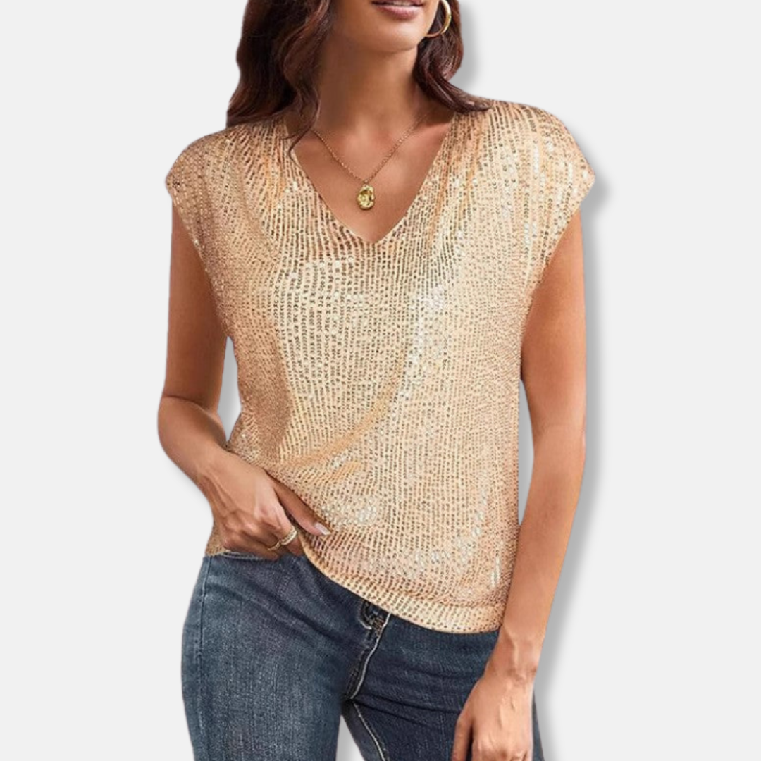 Sparkling women's V-neck sequin party top. Perfect shimmering evening wear for celebrations & elegant occasions.