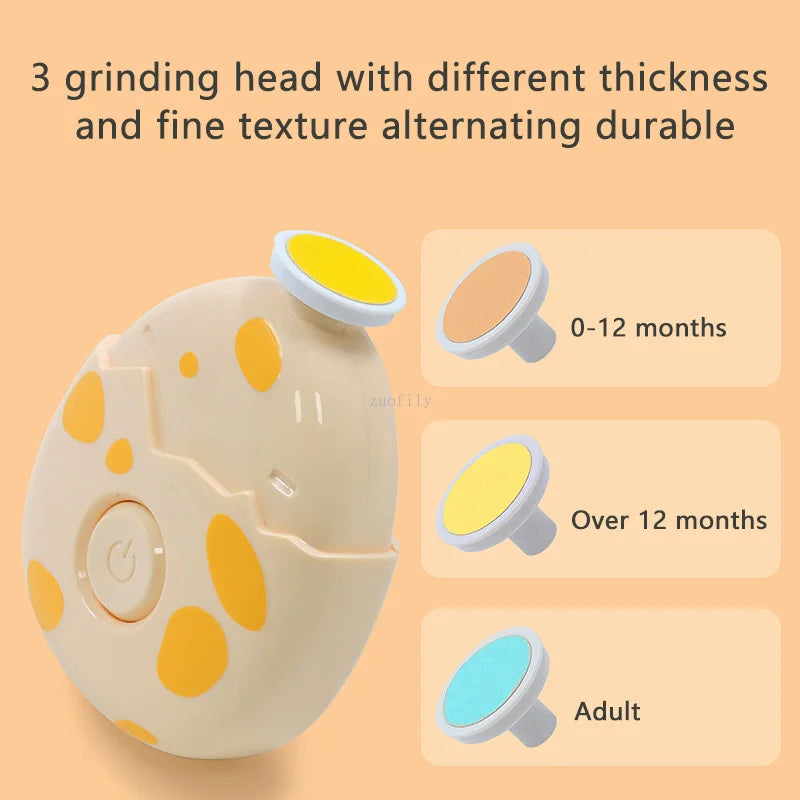 Baby's hand being groomed with a silent electric nail trimmer, dinosaur egg design