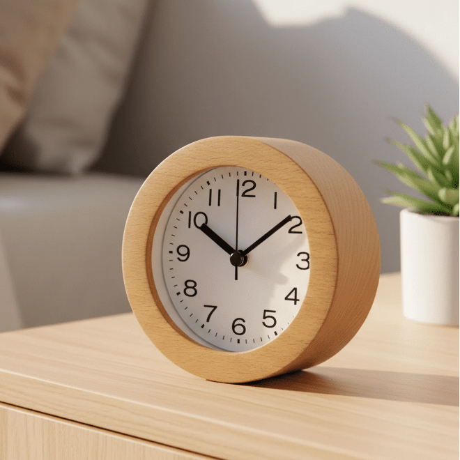 Silent wooden alarm clock for bedroom, natural wood finish, non-ticking design for peaceful sleep.