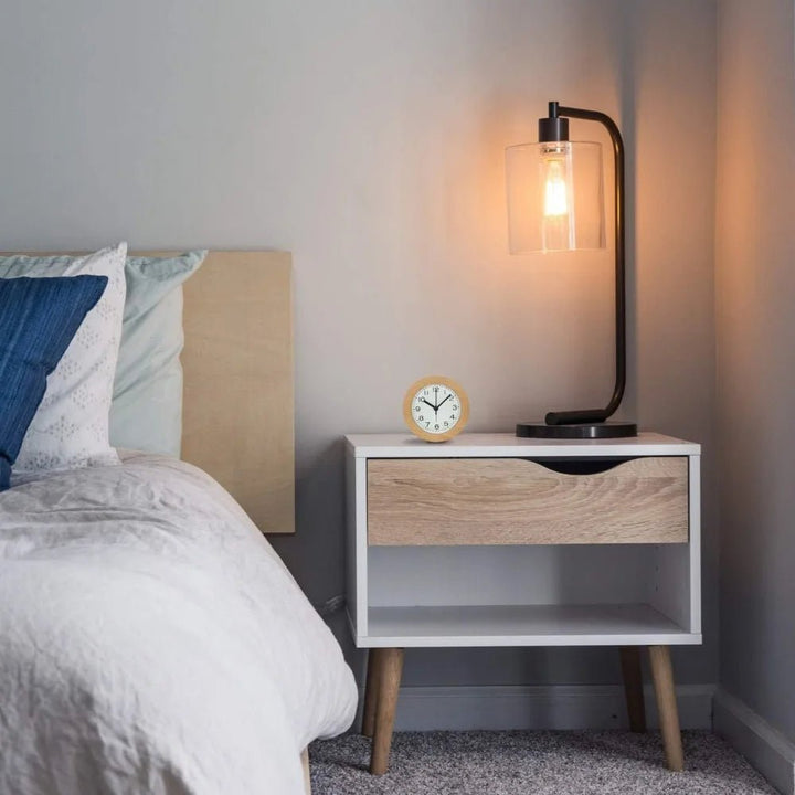Modern minimalist silent wooden desk clock. Non-ticking alarm, natural wood, perfect for bedroom decor.