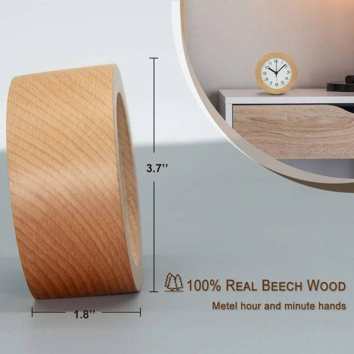 Stylish natural wood silent alarm clock, a non-ticking bedroom accent and thoughtful gift idea for modern homes.