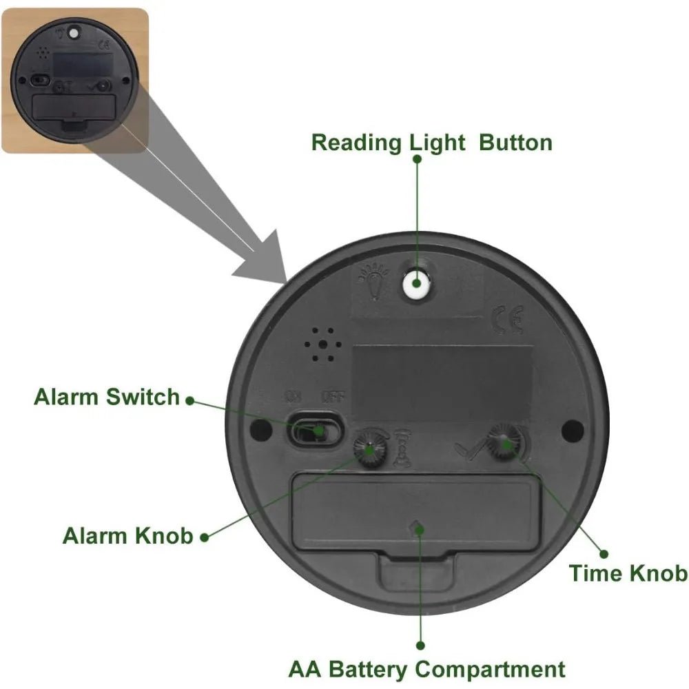 Compact silent wooden alarm clock with natural grain finish. Non-ticking hands for bedroom, desk or home decor.