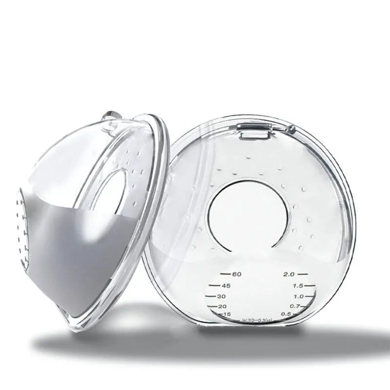 Silicone breast milk collector with measurements, ideal for nursing moms, hands-free milk collection.