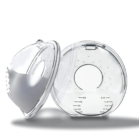 Silicone breast milk collector with measurements, ideal for nursing moms, hands-free milk collection.